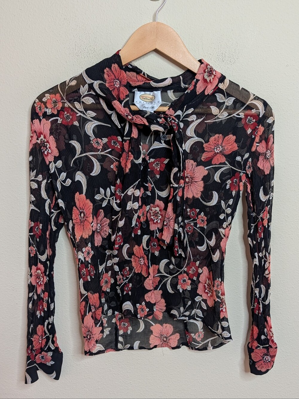 Talbots Petites Pure Silk Floral Tie Neck Blouse Sz 2
